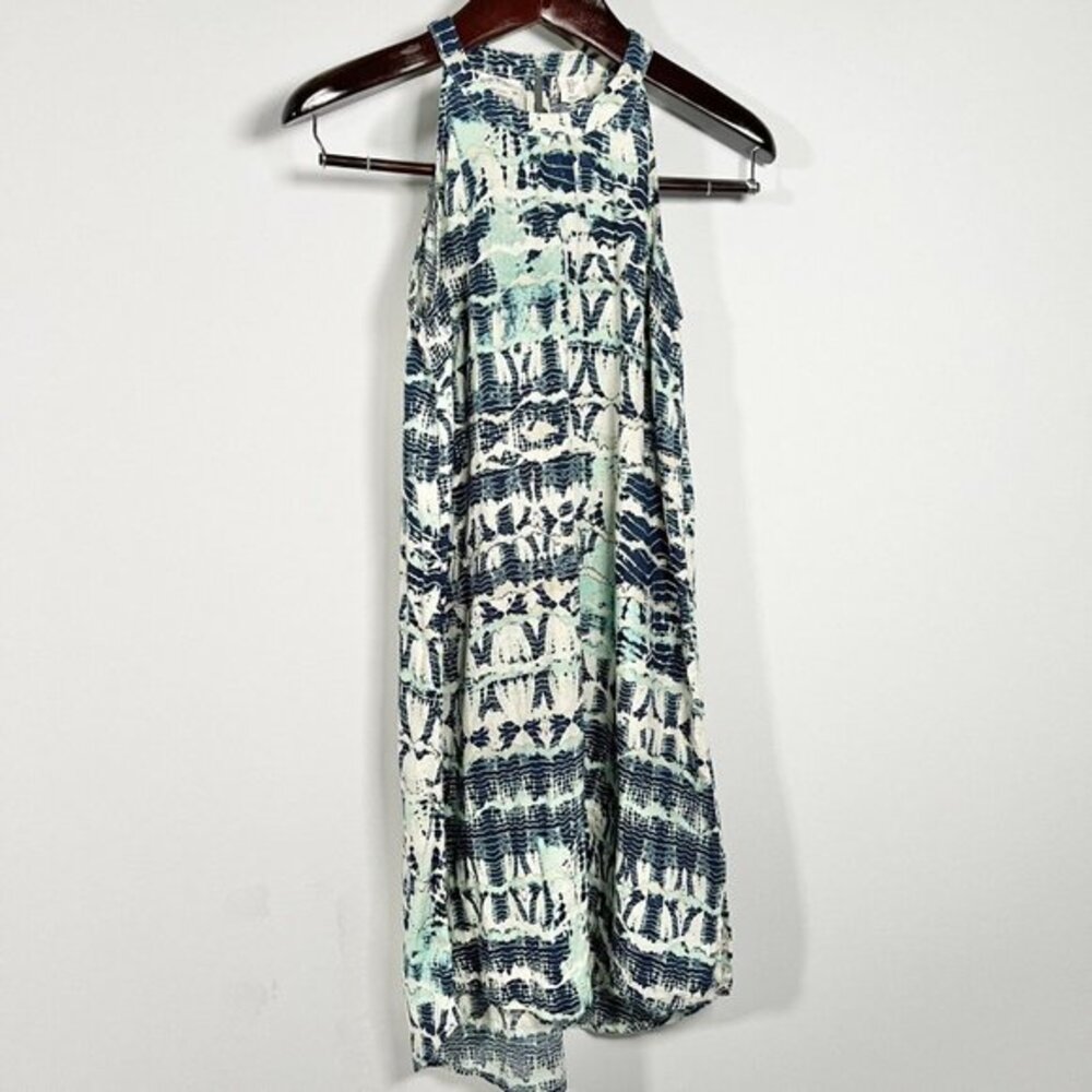 Nicole Miller New York Linen XS Blue Aqua White Sleeveless Shift Dress‎ Pockets